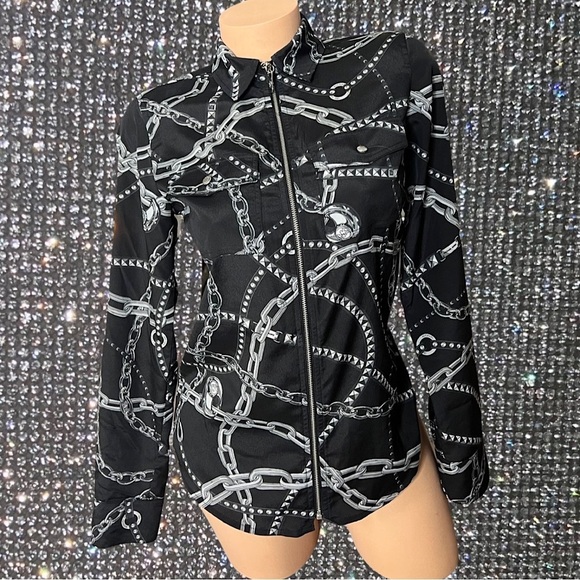 Michael Kors zip  up blouse chains black silver Cuban links emblem silver rare - Picture 1 of 5